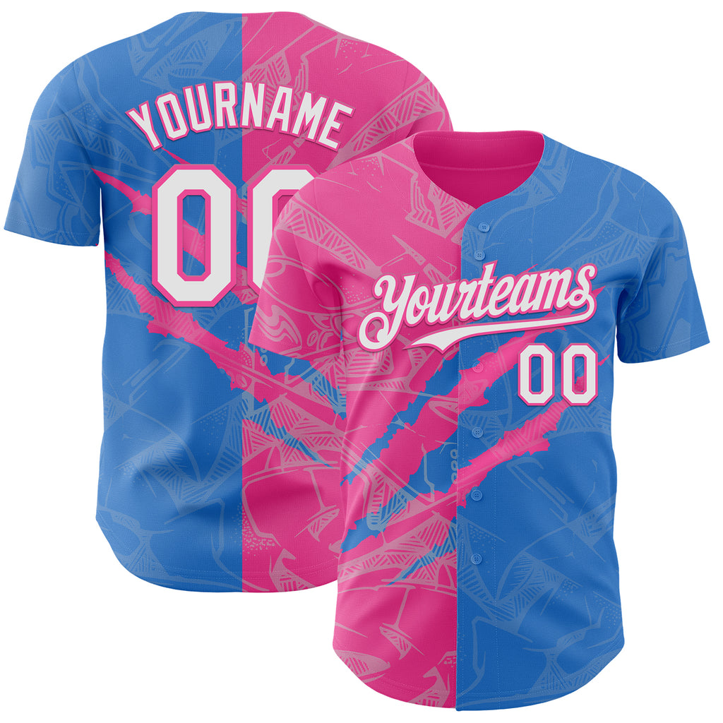 Custom Graffiti Pattern White Electric Blue-Pink 3D Scratch Authentic Baseball Jersey