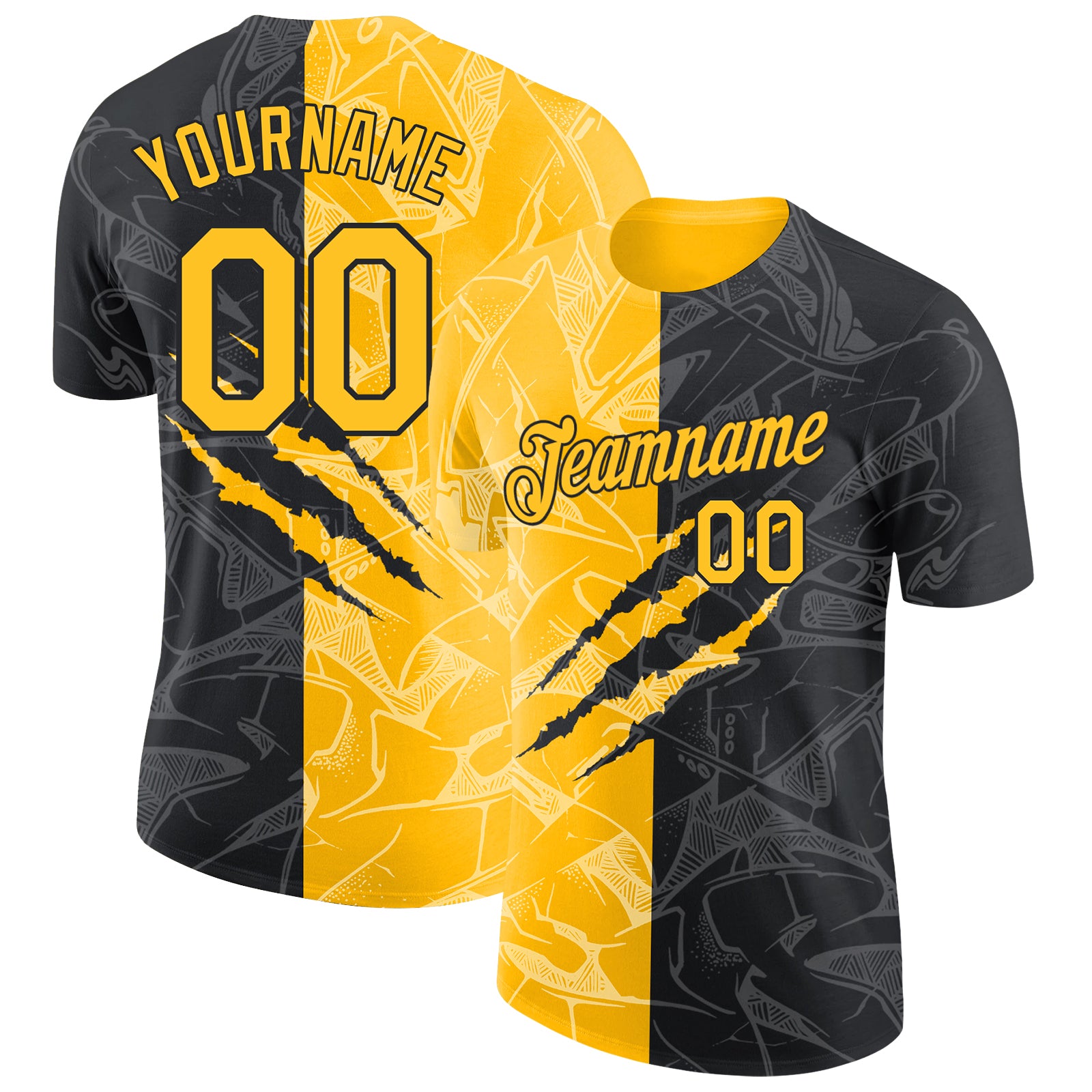 Custom Graffiti Pattern Gold-Black Scratch 3D Performance T-Shirt