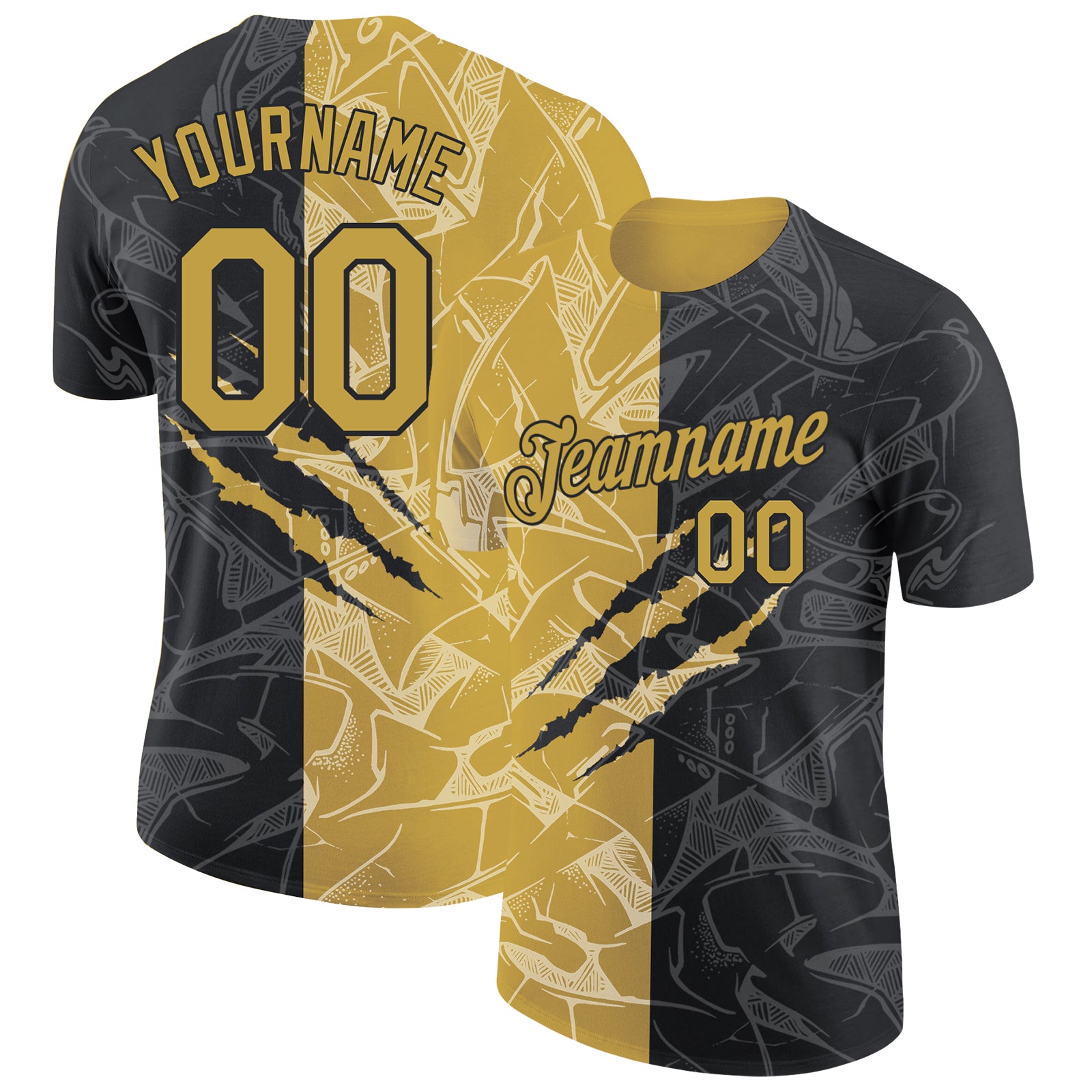 Custom Graffiti Pattern Old Gold-Black Scratch 3D Performance T-Shirt