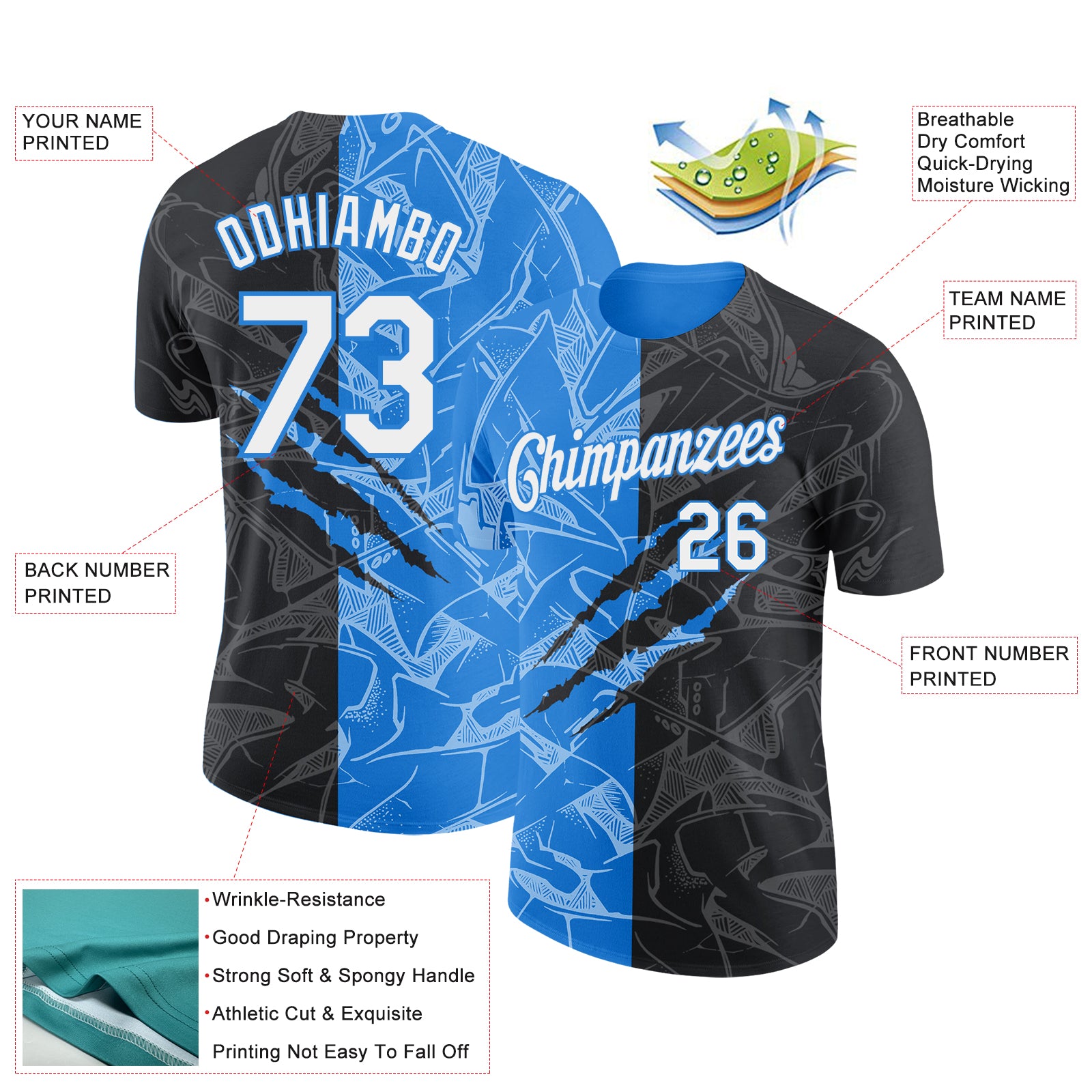 Custom Graffiti Pattern White Black-Powder Blue Scratch 3D Performance T-Shirt