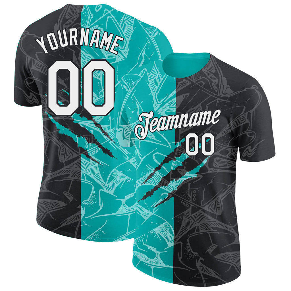 Custom Graffiti Pattern White Black-Aqua Scratch 3D Performance T-Shirt