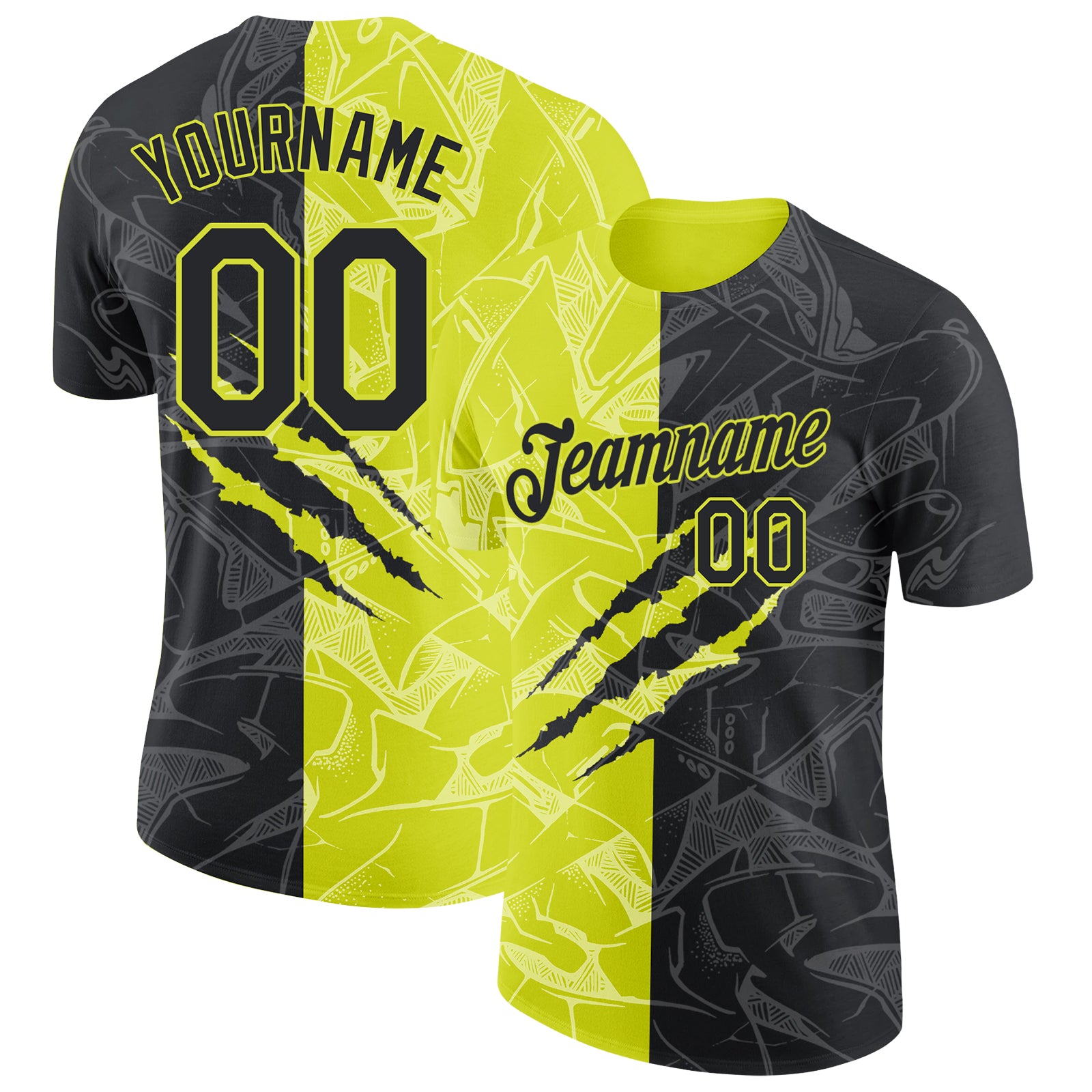 Custom Graffiti Pattern Black-Neon Yellow Scratch 3D Performance T-Shirt