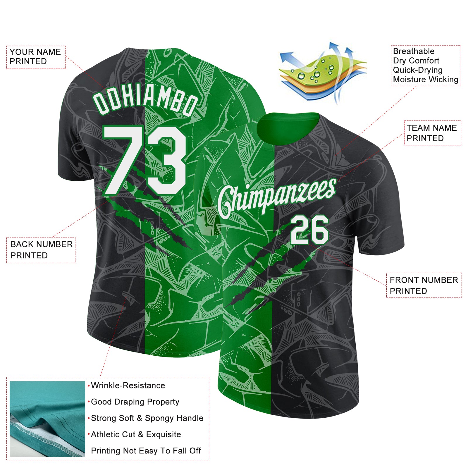 Custom Graffiti Pattern White Black-Grass Green Scratch 3D Performance T-Shirt