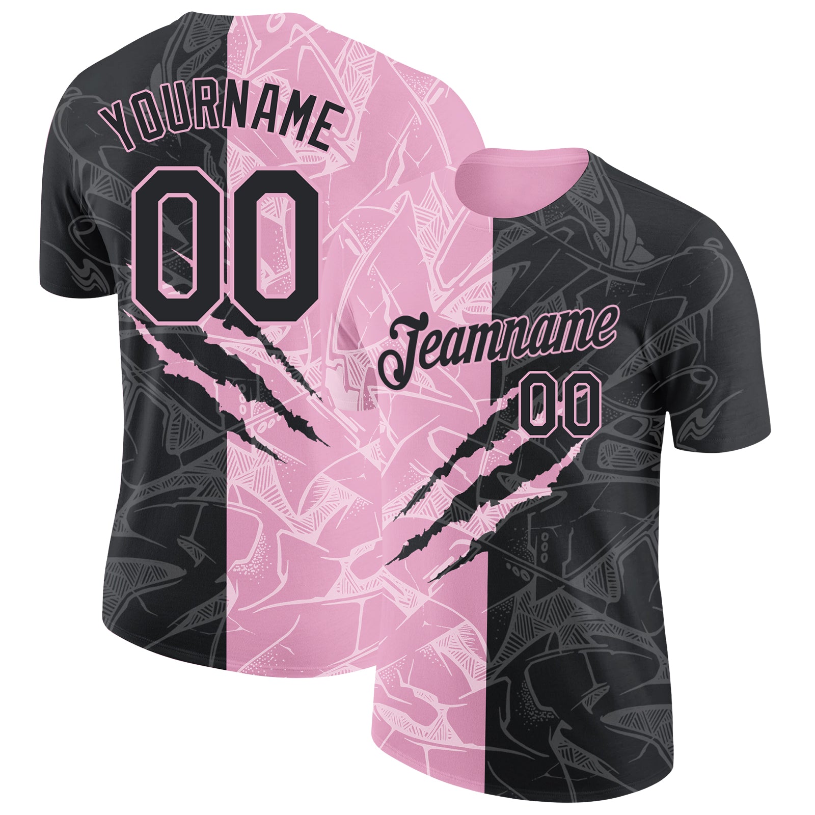 Custom Graffiti Pattern Black-Light Pink Scratch 3D Performance T-Shirt
