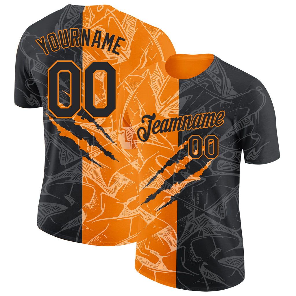 Custom Graffiti Pattern Black-Bay Orange Scratch 3D Performance T-Shirt