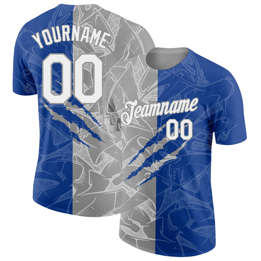 Custom Graffiti Pattern White Royal-Gray Scratch 3D Performance T-Shirt