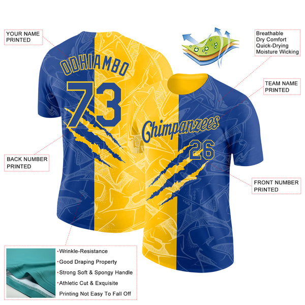 Custom Graffiti Pattern Royal-Yellow Scratch 3D Performance T-Shirt