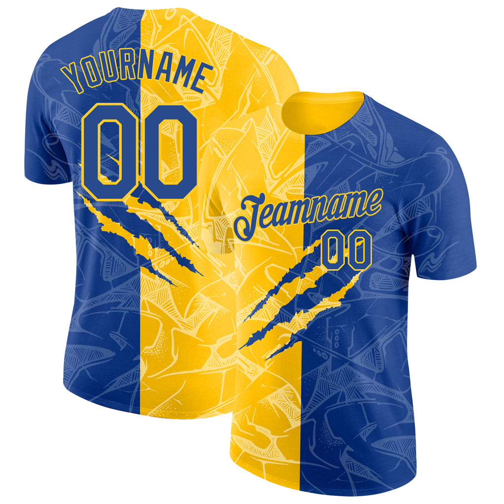 Custom Graffiti Pattern Royal-Yellow Scratch 3D Performance T-Shirt