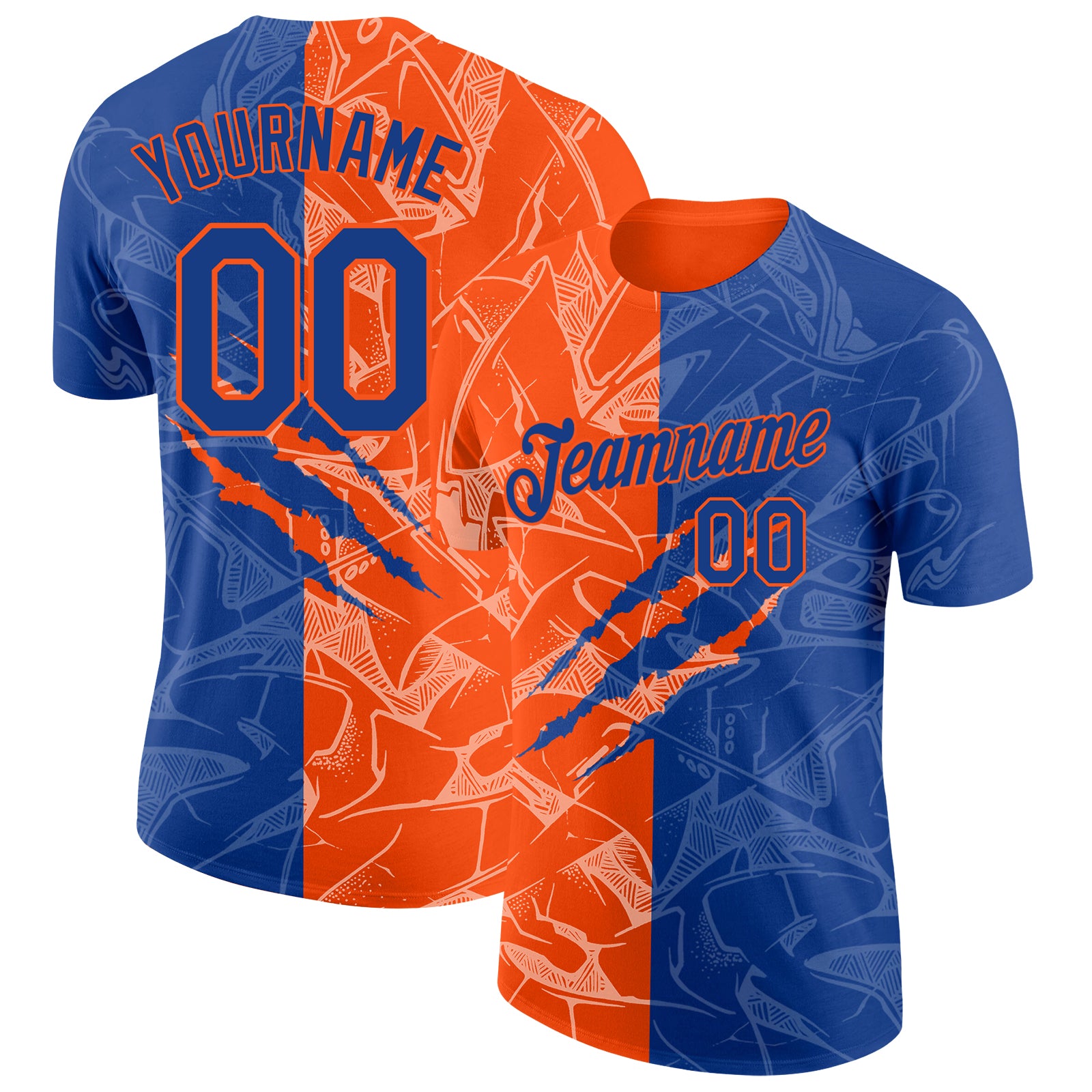 Custom Graffiti Pattern Royal-Orange Scratch 3D Performance T-Shirt