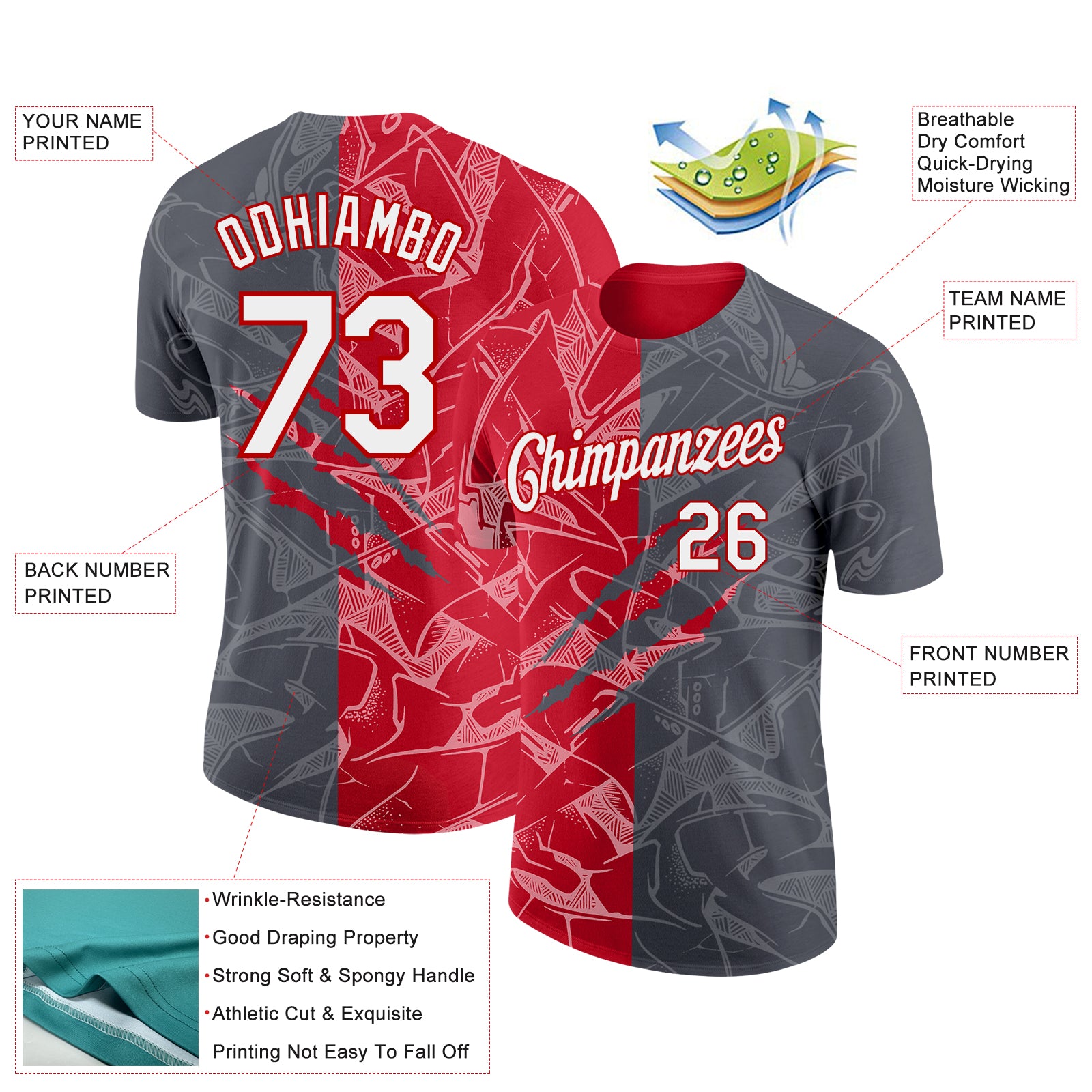 Custom Graffiti Pattern White Steel Gray-Red Scratch 3D Performance T-Shirt