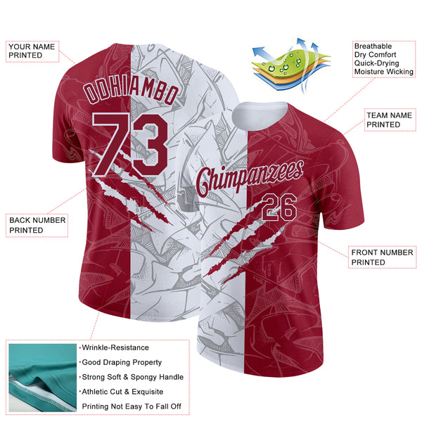 Custom Graffiti Pattern Crimson-White Scratch 3D Performance T-Shirt