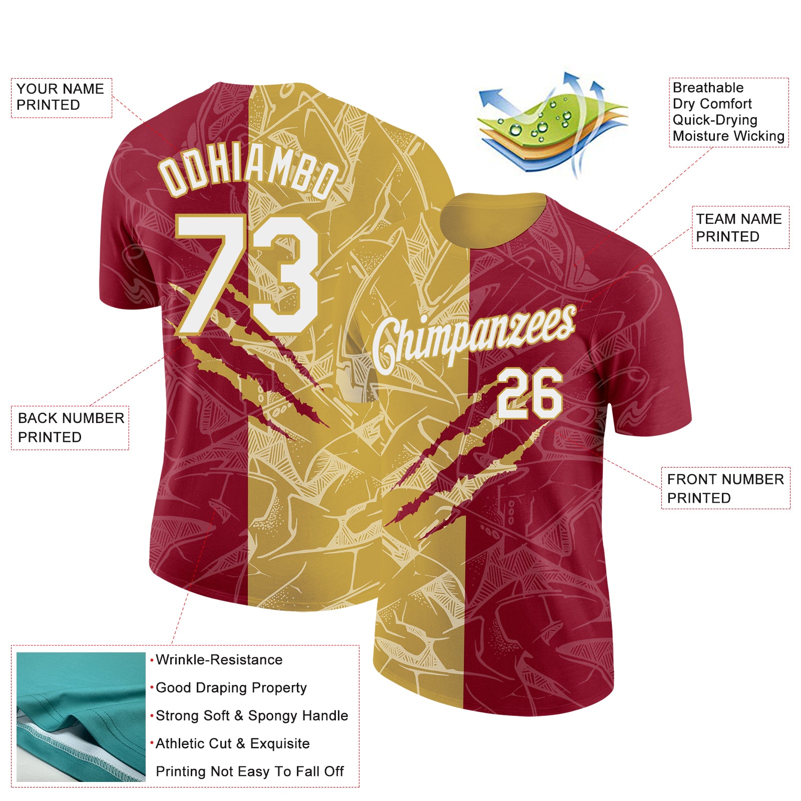 Custom Graffiti Pattern White Crimson-Old Gold Scratch 3D Performance T-Shirt