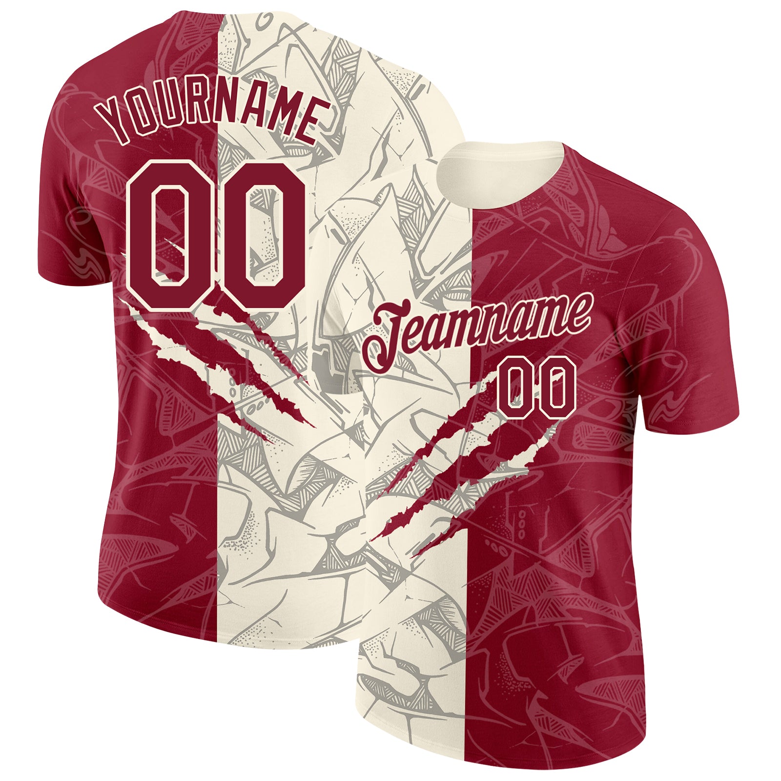 Custom Graffiti Pattern Crimson-Cream Scratch 3D Performance T-Shirt