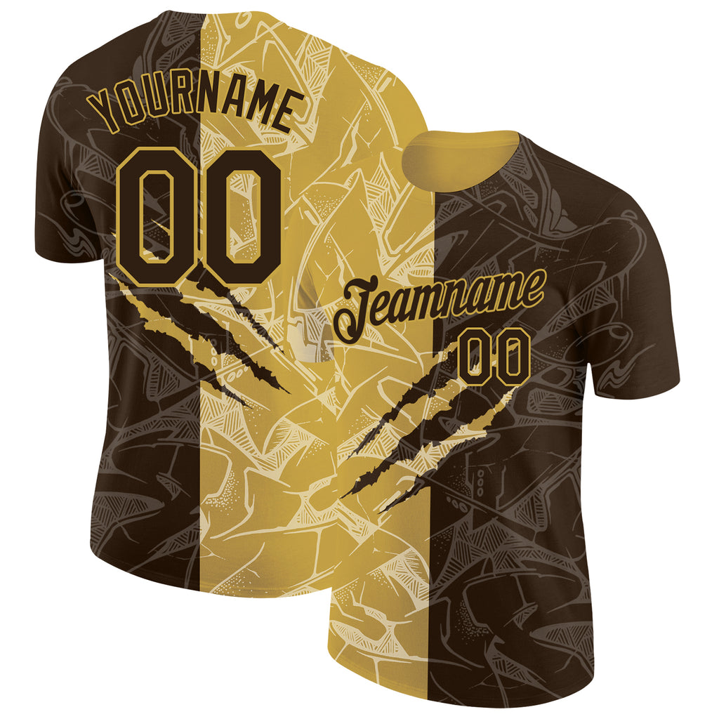 Custom Graffiti Pattern Brown-Old Gold Scratch 3D Performance T-Shirt