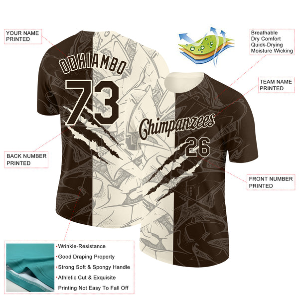 Custom Graffiti Pattern Brown-Cream Scratch 3D Performance T-Shirt