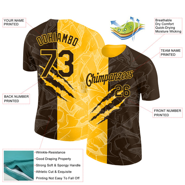 Custom Graffiti Pattern Brown-Gold Scratch 3D Performance T-Shirt