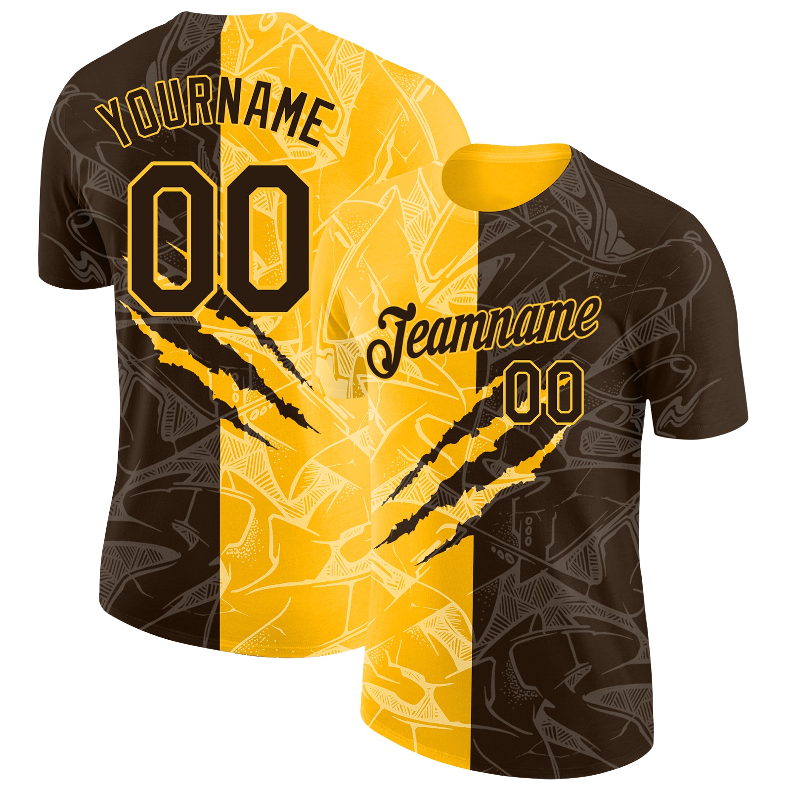 Custom Graffiti Pattern Brown-Gold Scratch 3D Performance T-Shirt