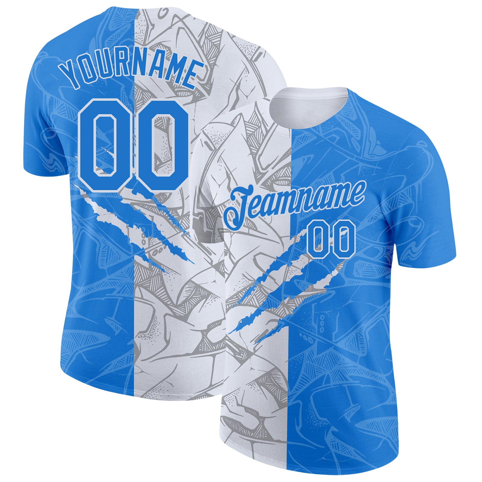 Custom Graffiti Pattern Powder Blue-White Scratch 3D Performance T-Shirt