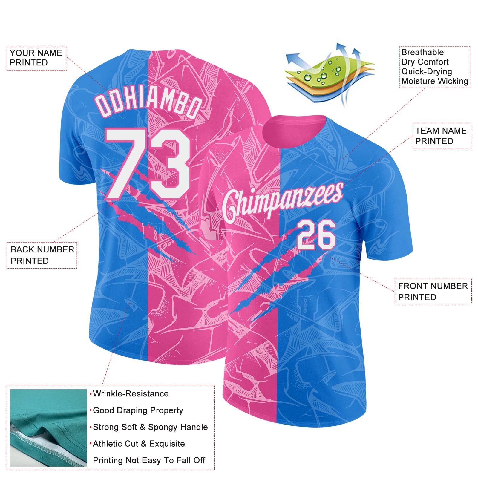 Custom Graffiti Pattern White Powder Blue-Pink Scratch 3D Performance T-Shirt