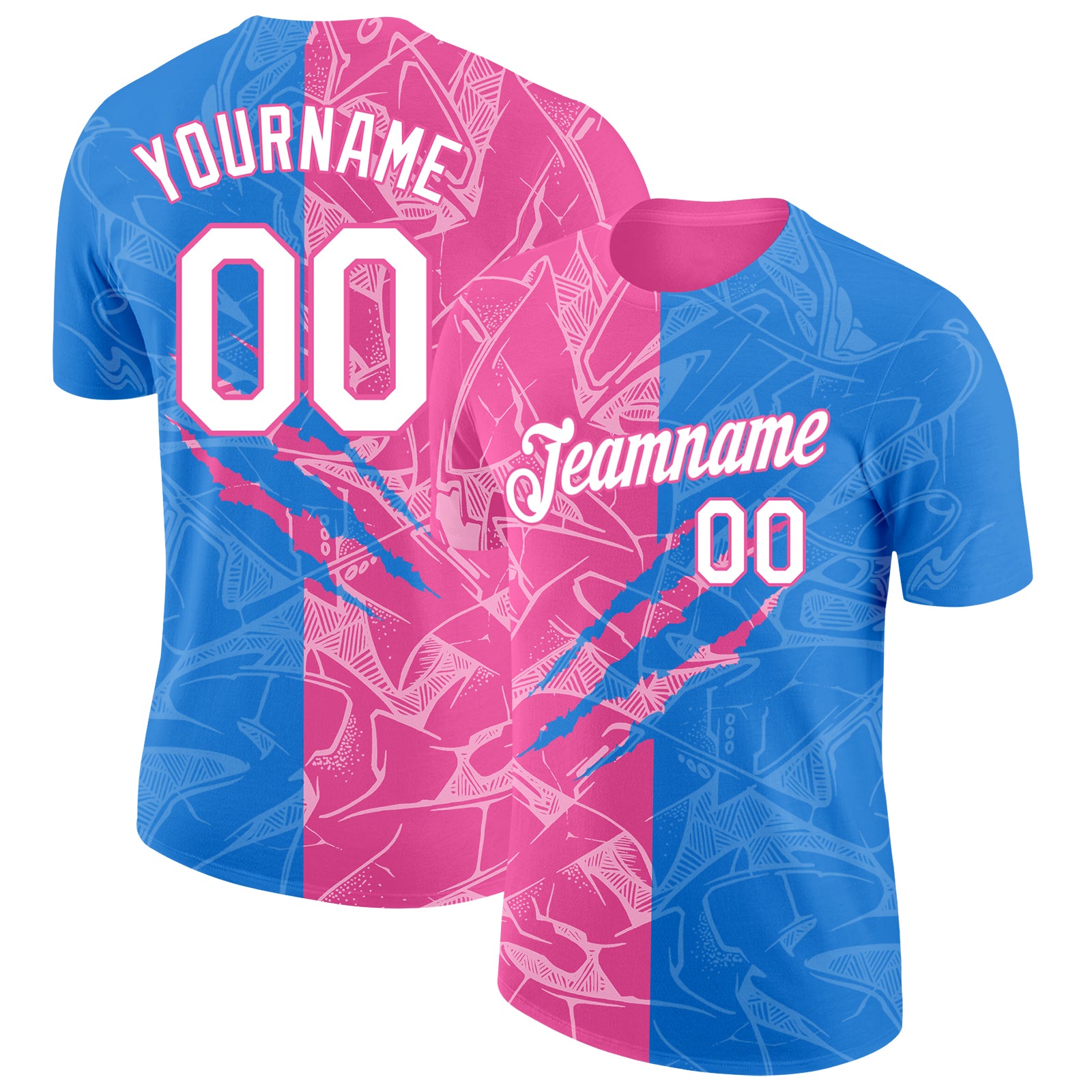 Custom Graffiti Pattern White Powder Blue-Pink Scratch 3D Performance T-Shirt