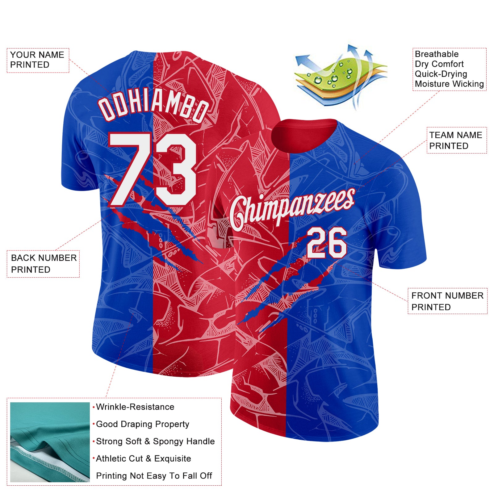 Custom Graffiti Pattern White Thunder Blue-Red Scratch 3D Performance T-Shirt