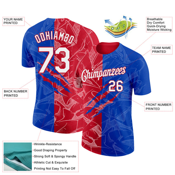 Custom Graffiti Pattern White Thunder Blue-Red Scratch 3D Performance T-Shirt