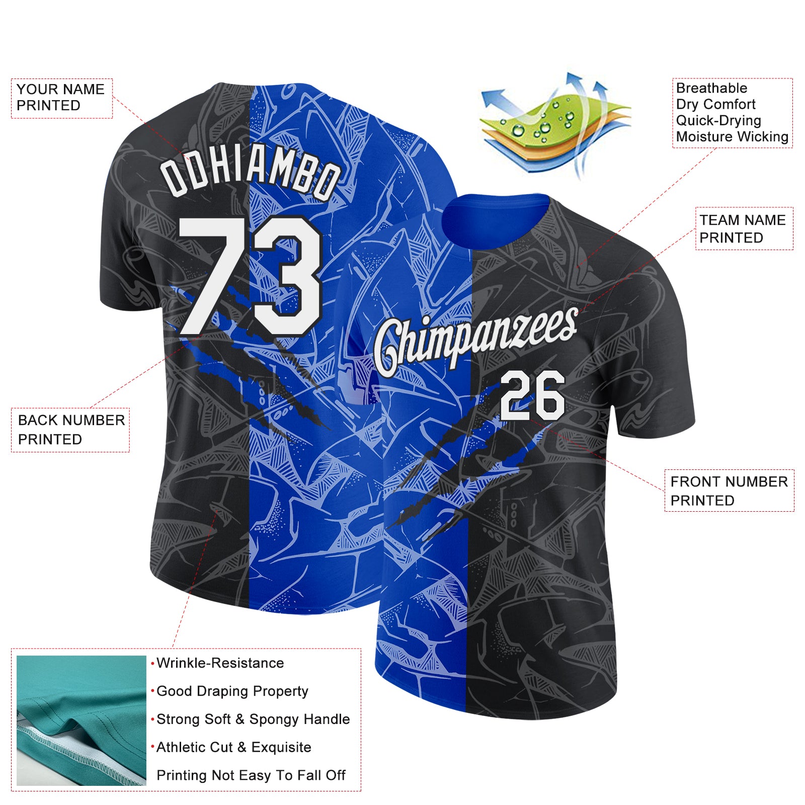 Custom Graffiti Pattern White Black-Thunder Blue Scratch 3D Performance T-Shirt