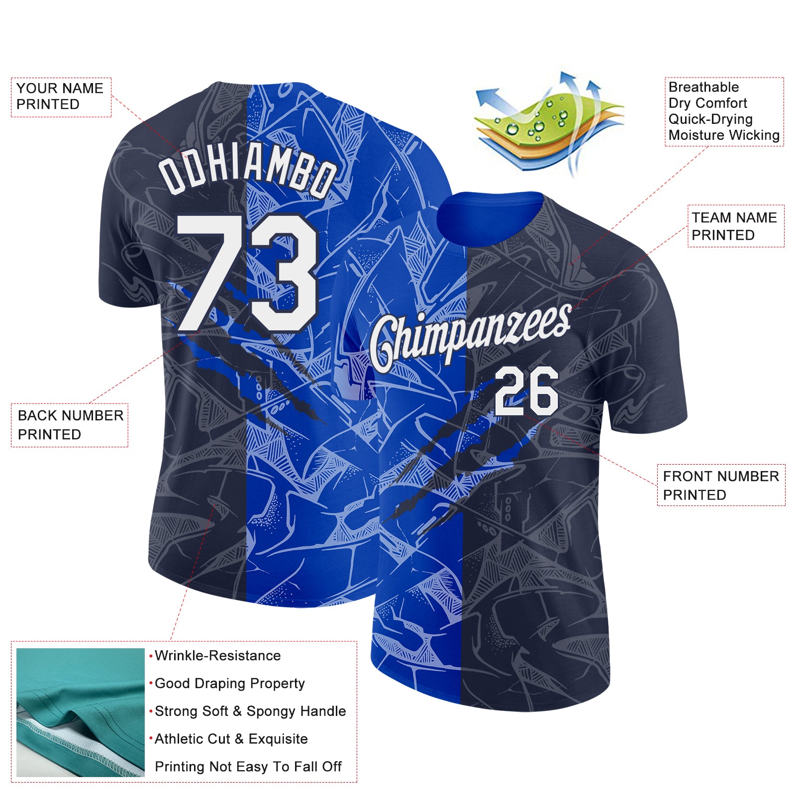 Custom Graffiti Pattern White Navy-Thunder Blue Scratch 3D Performance T-Shirt