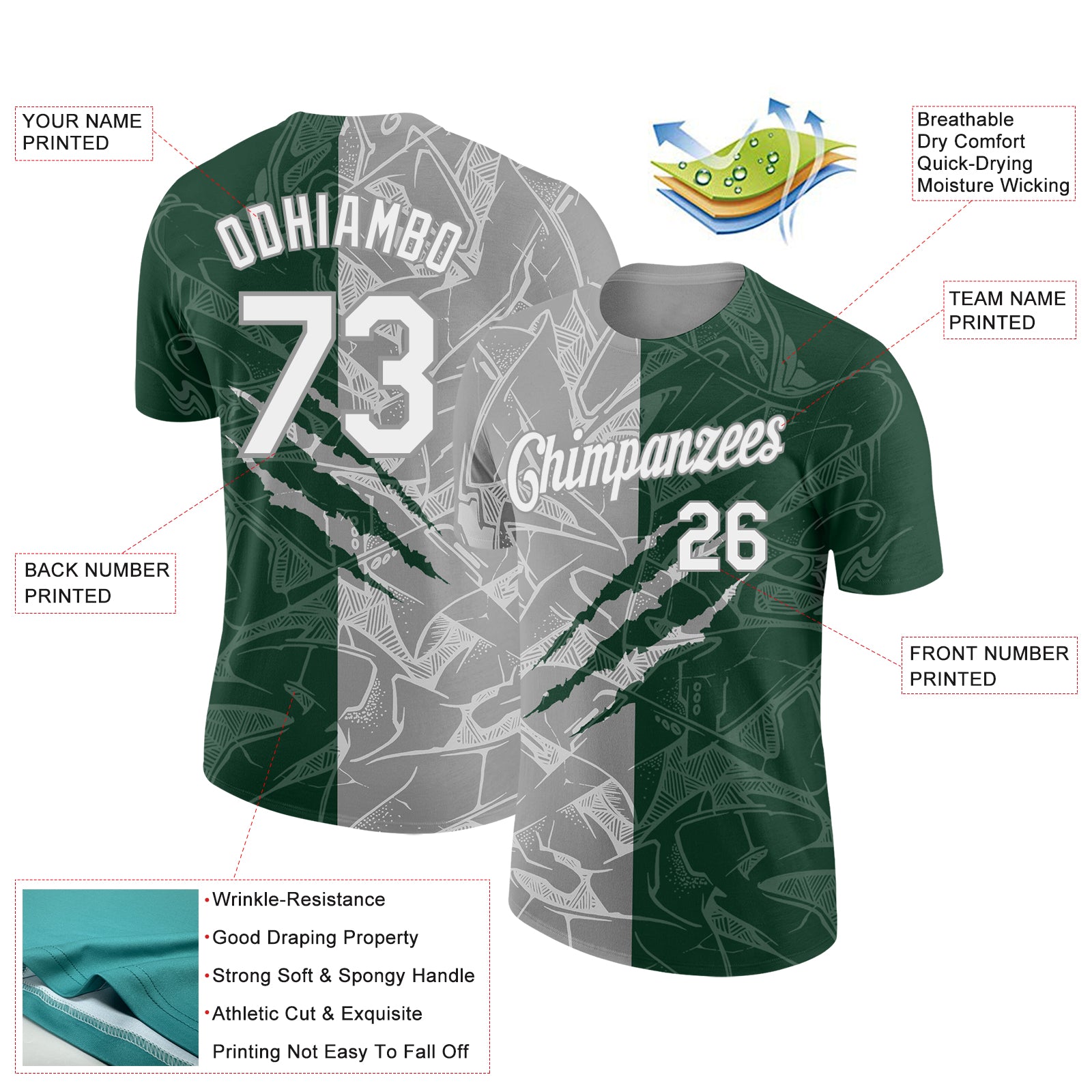 Custom Graffiti Pattern White Green-Gray Scratch 3D Performance T-Shirt