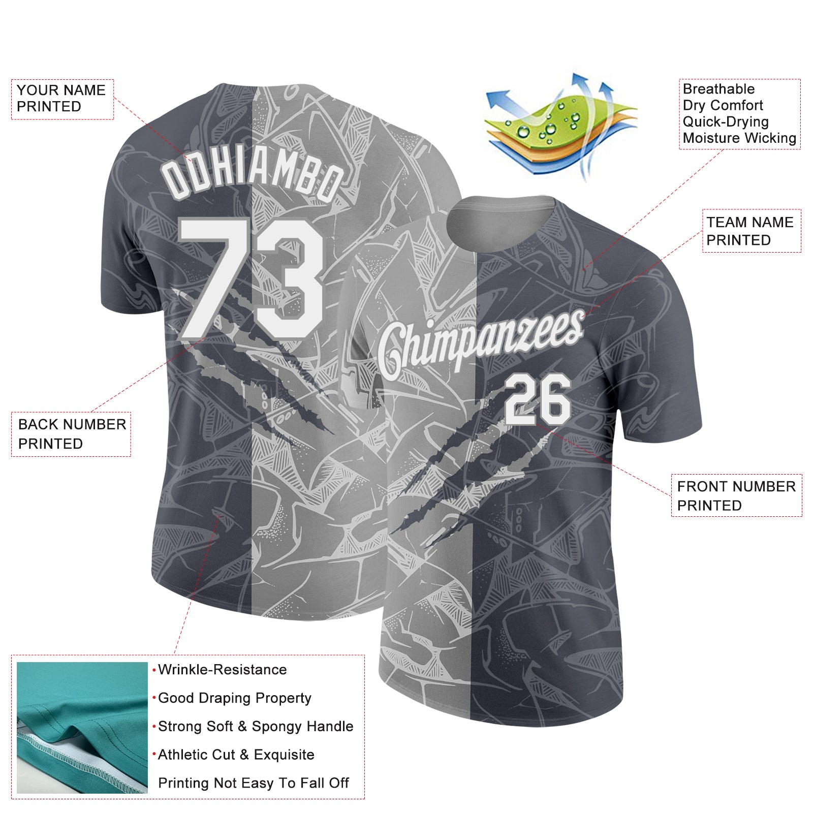 Custom Graffiti Pattern White Steel Gray-Gray Scratch 3D Performance T-Shirt