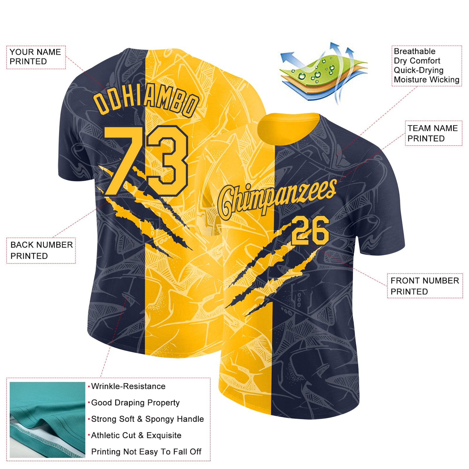 Custom Graffiti Pattern Gold-Navy Scratch 3D Performance T-Shirt