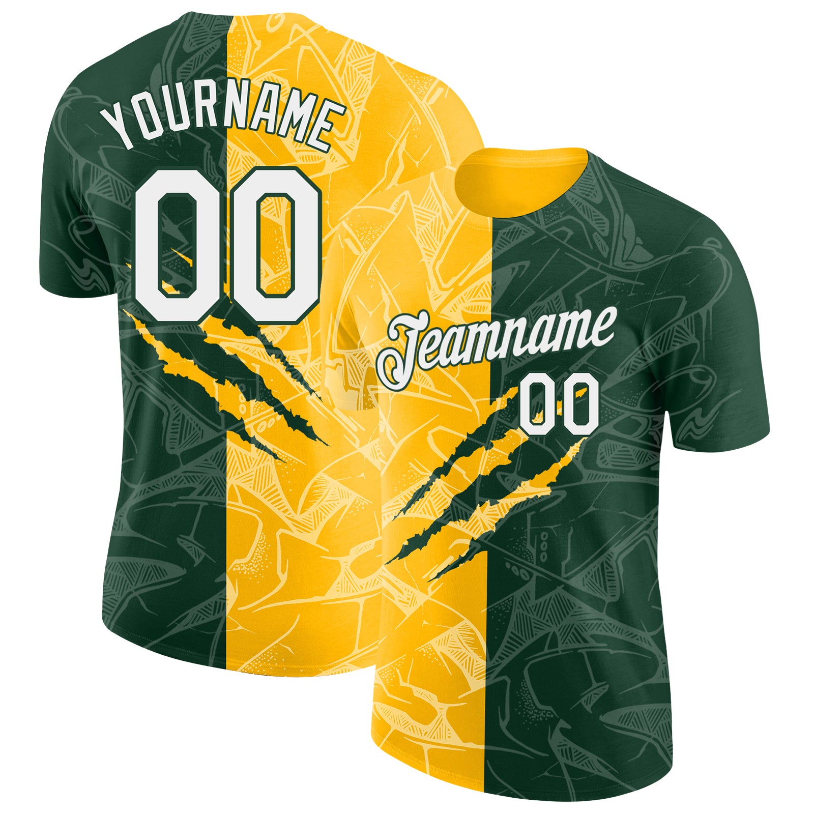 Custom Graffiti Pattern White Green-Gold Scratch 3D Performance T-Shirt