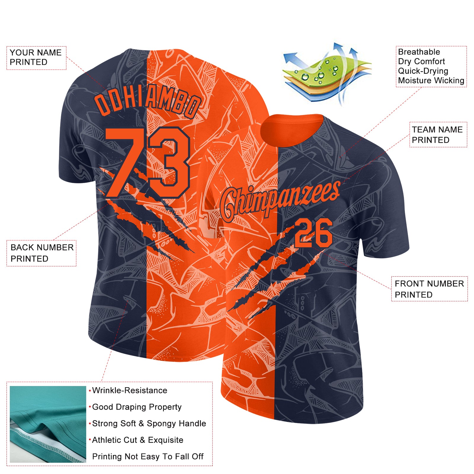 Custom Graffiti Pattern Orange-Navy Scratch 3D Performance T-Shirt