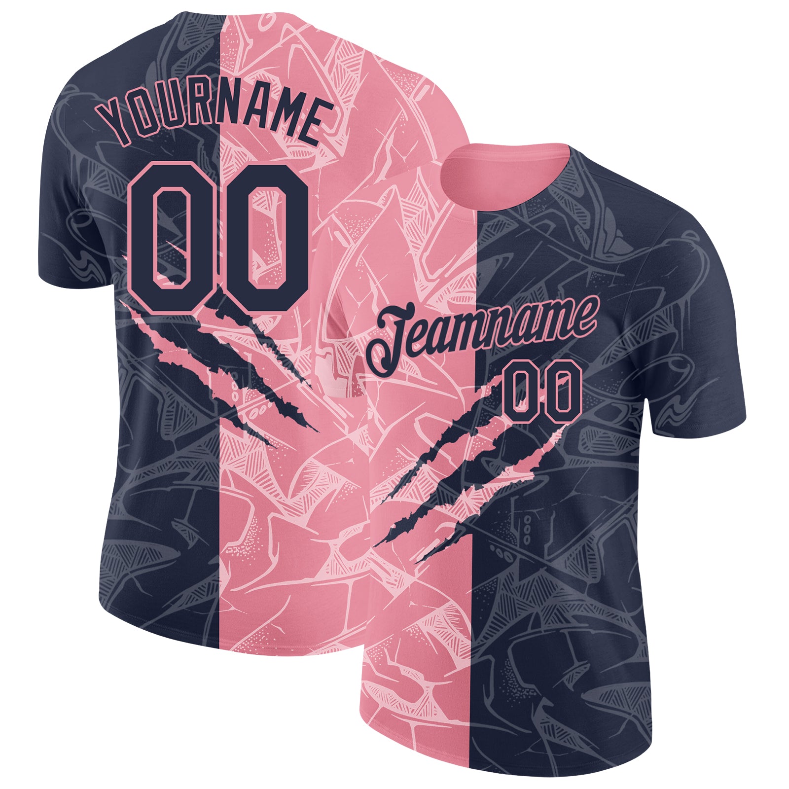 Custom Graffiti Pattern Navy-Medium Pink Scratch 3D Performance T-Shirt