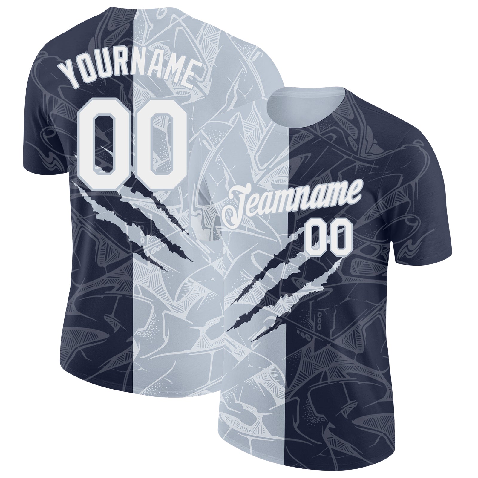 Custom Graffiti Pattern White Navy-Silver Scratch 3D Performance T-Shirt