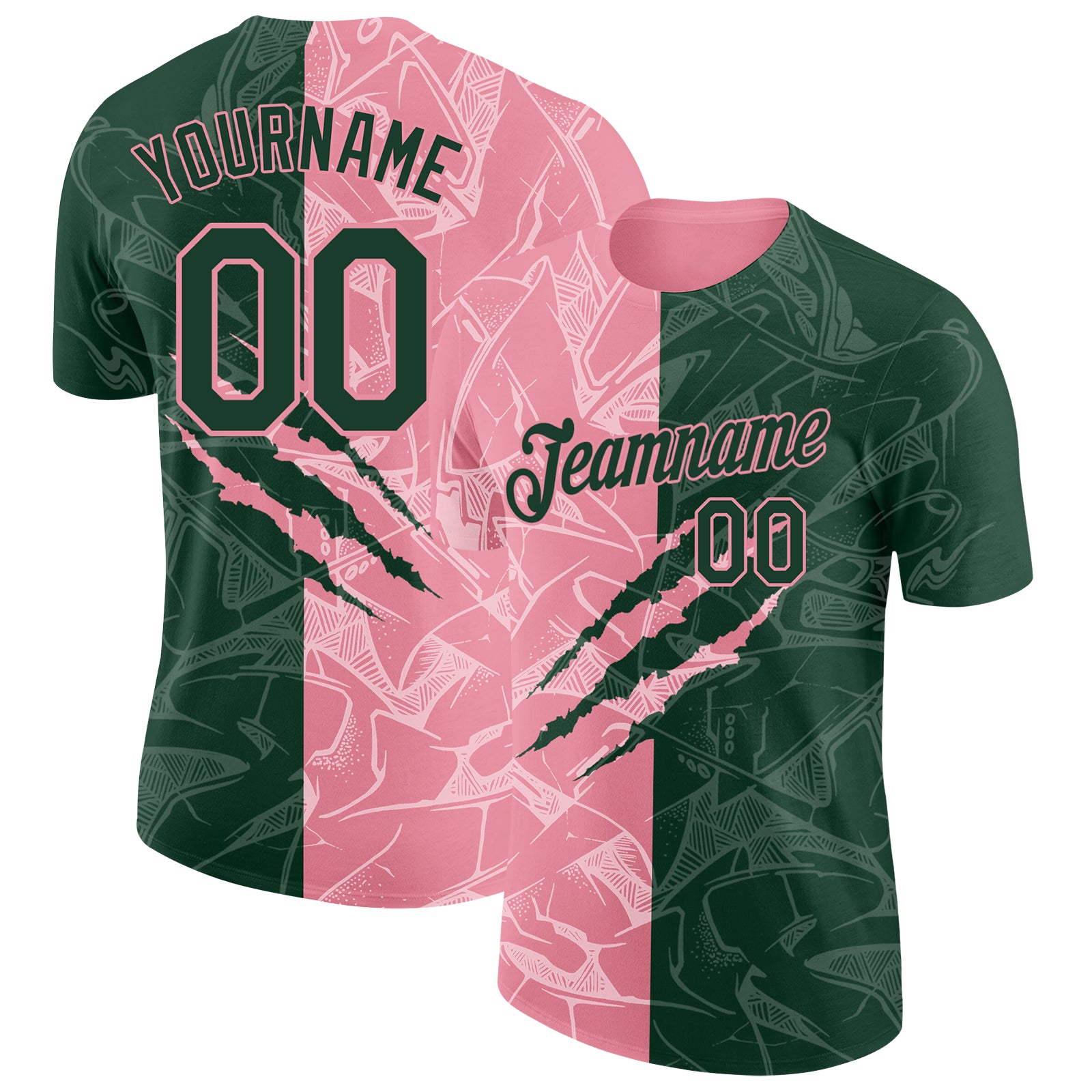 Custom Graffiti Pattern Green-Medium Pink Scratch 3D Performance T-Shirt