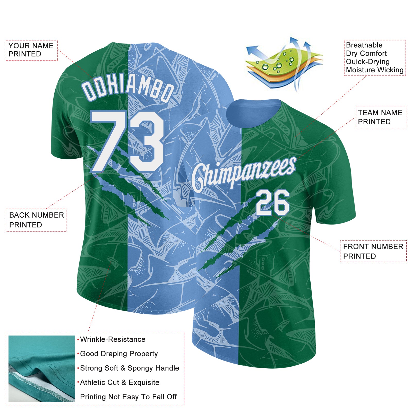 Custom Graffiti Pattern White Kelly Green-Light Blue Scratch 3D Performance T-Shirt