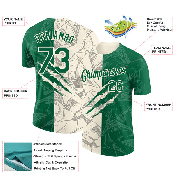 Custom Graffiti Pattern Kelly Green-Cream Scratch 3D Performance T-Shirt