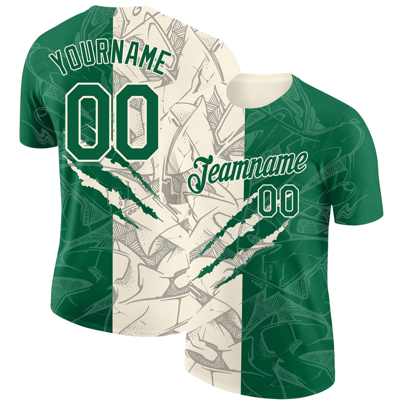 Custom Graffiti Pattern Kelly Green-Cream Scratch 3D Performance T-Shirt