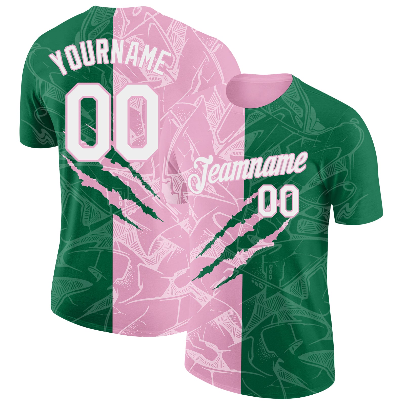 Custom Graffiti Pattern White Kelly Green-Light Pink Scratch 3D Performance T-Shirt