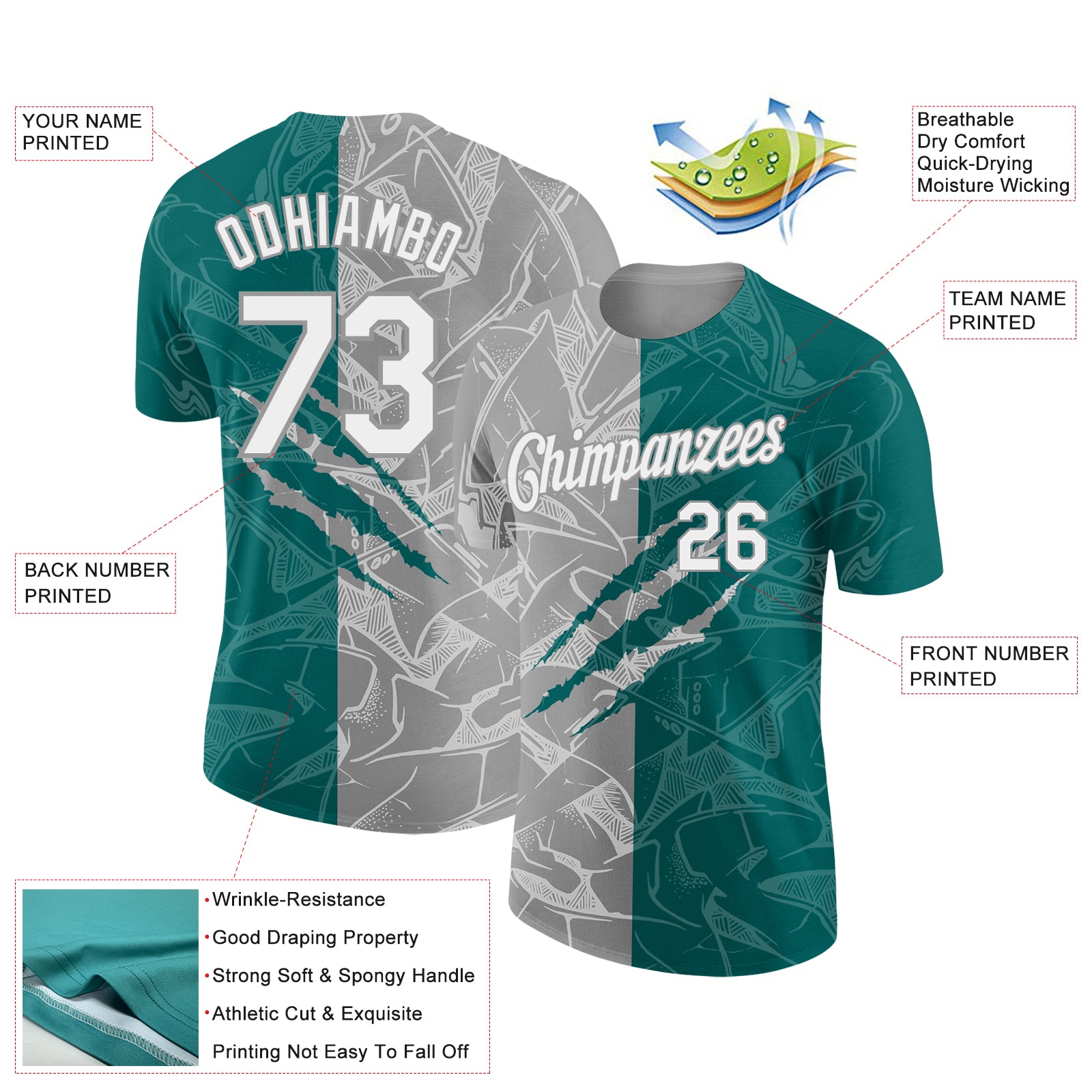 Custom Graffiti Pattern White Teal-Gray Scratch 3D Performance T-Shirt