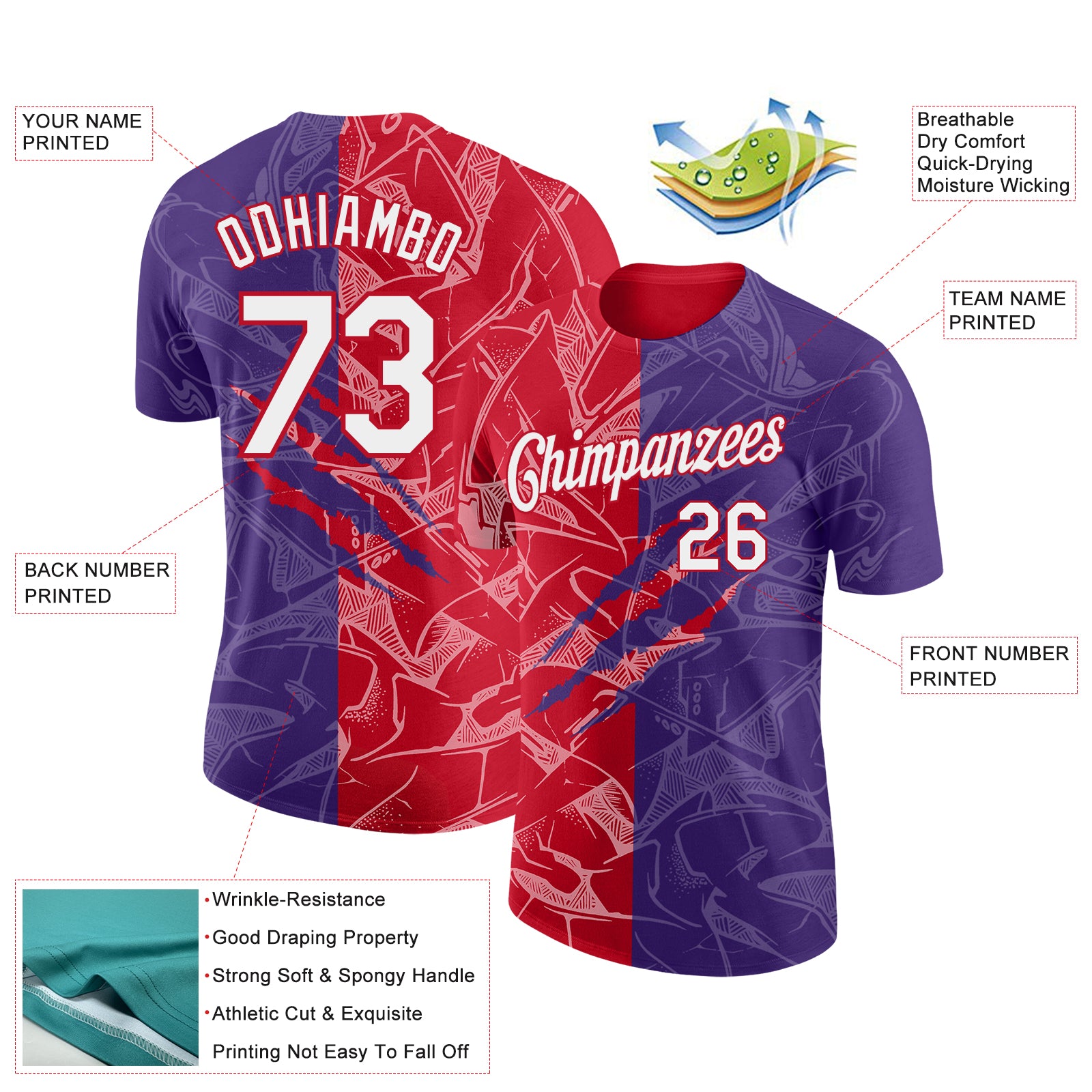 Custom Graffiti Pattern White Purple-Red Scratch 3D Performance T-Shirt