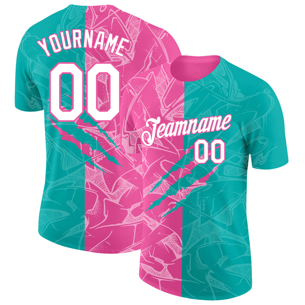 Custom Graffiti Pattern White Aqua-Pink Scratch 3D Performance T-Shirt