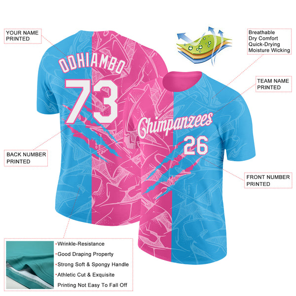 Custom Graffiti Pattern White Sky Blue-Pink Scratch 3D Performance T-Shirt