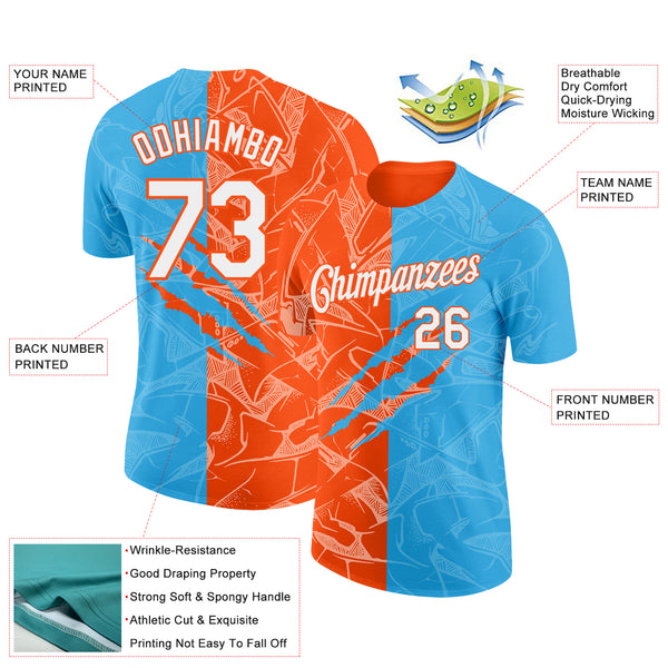 Custom Graffiti Pattern White Sky Blue-Orange Scratch 3D Performance T-Shirt