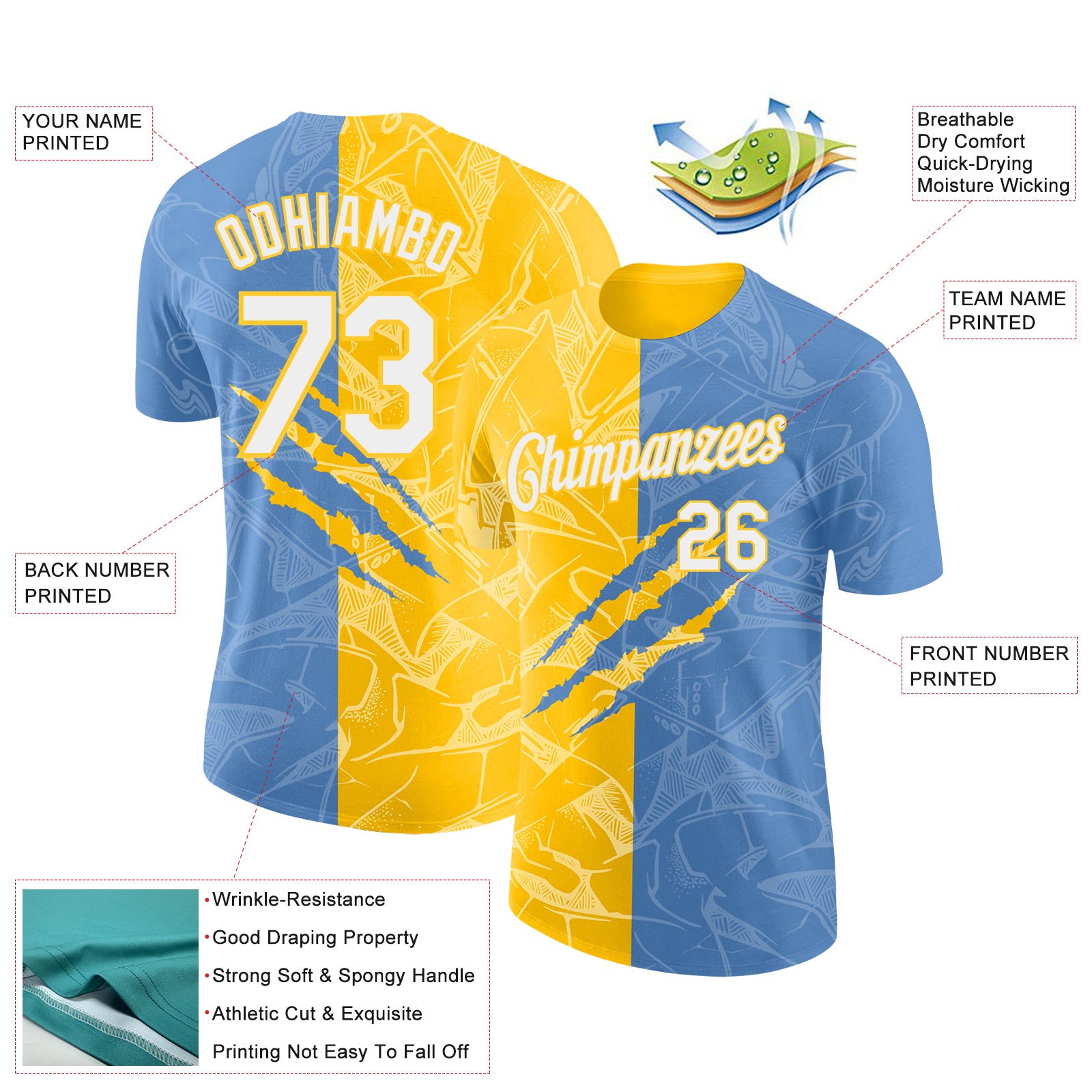 Custom Graffiti Pattern White Light Blue-Yellow Scratch 3D Performance T-Shirt