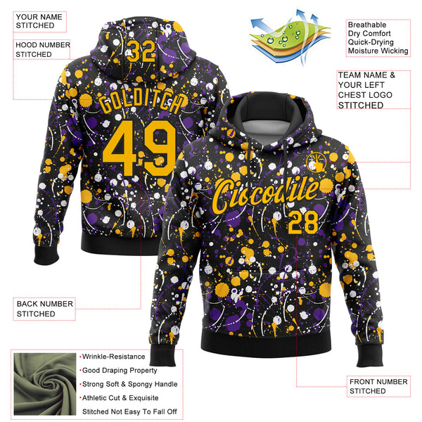 Custom Stitched Graffiti Pattern Gold-Black 3D Splash Grunge Art Sports Pullover Sweatshirt Hoodie