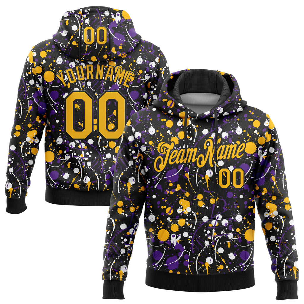 Custom Stitched Graffiti Pattern Gold-Black 3D Splash Grunge Art Sports Pullover Sweatshirt Hoodie