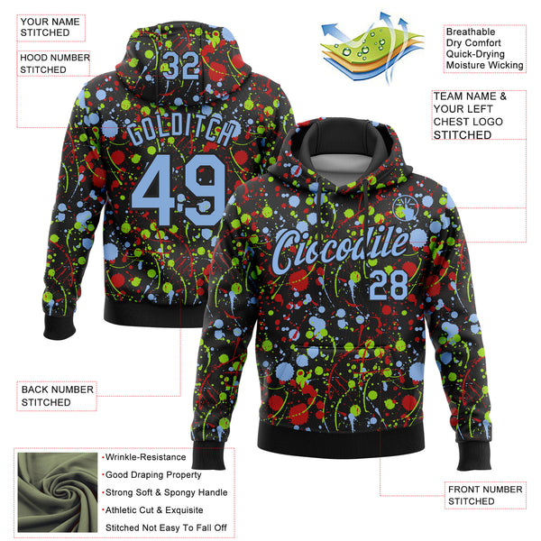 Custom Stitched Graffiti Pattern Light Blue-Black 3D Splash Grunge Art Sports Pullover Sweatshirt Hoodie