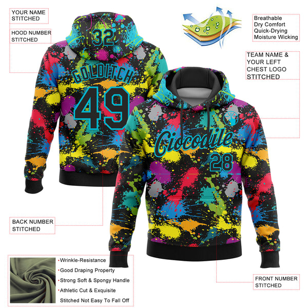Custom Stitched Graffiti Pattern Black-Lakes Blue 3D Splash Grunge Art Sports Pullover Sweatshirt Hoodie